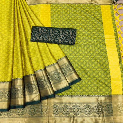Lemon Yellow Woven Cotton Silk Saree