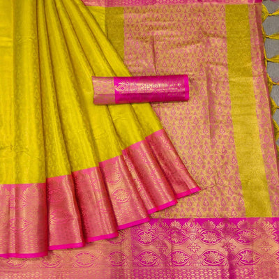 Lemon Yellow Woven Cotton Silk Saree