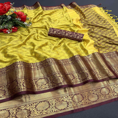 Lemon Yellow Woven Cotton Silk Saree