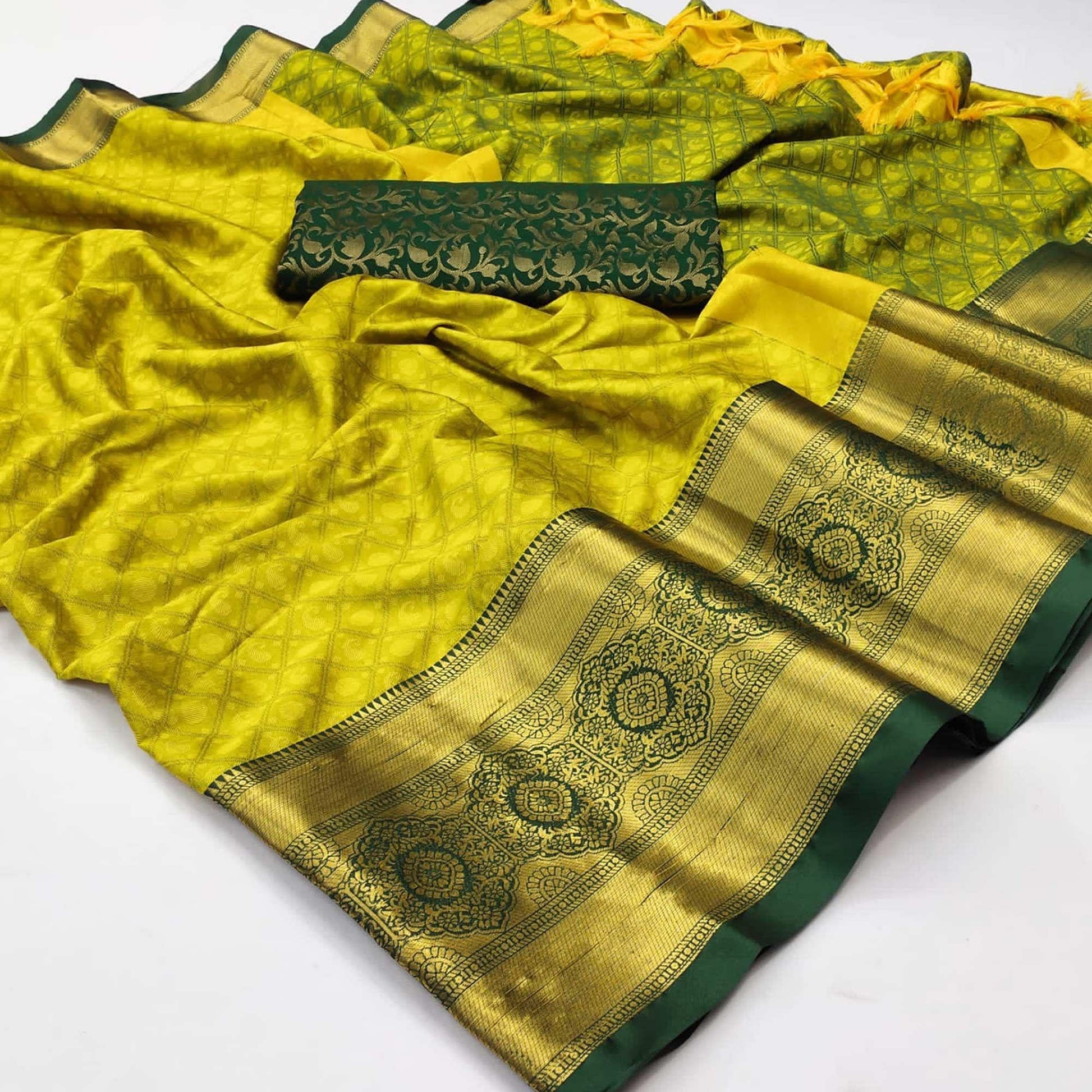 Lemon Yellow Woven Cotton Silk Saree