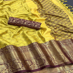 Lemon Yellow Woven Cotton Silk Saree