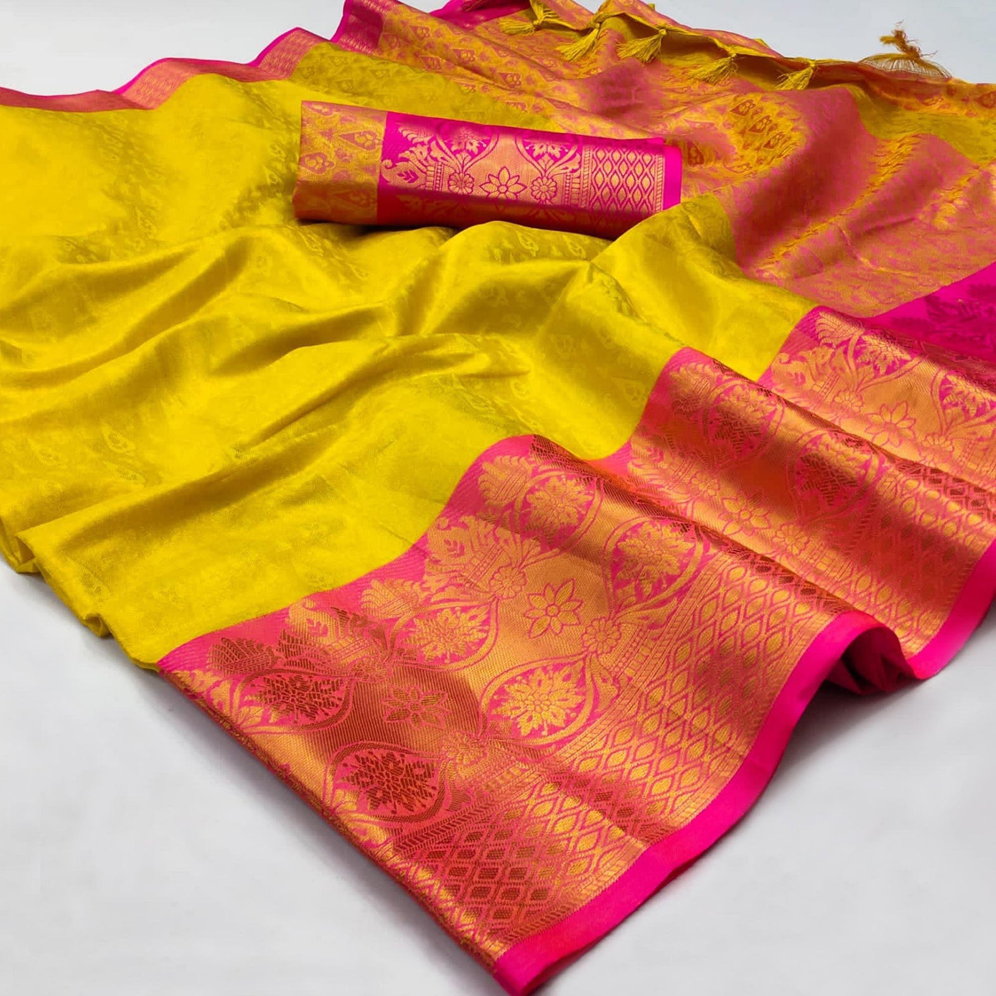 Lemon Yellow Woven Cotton Silk Saree
