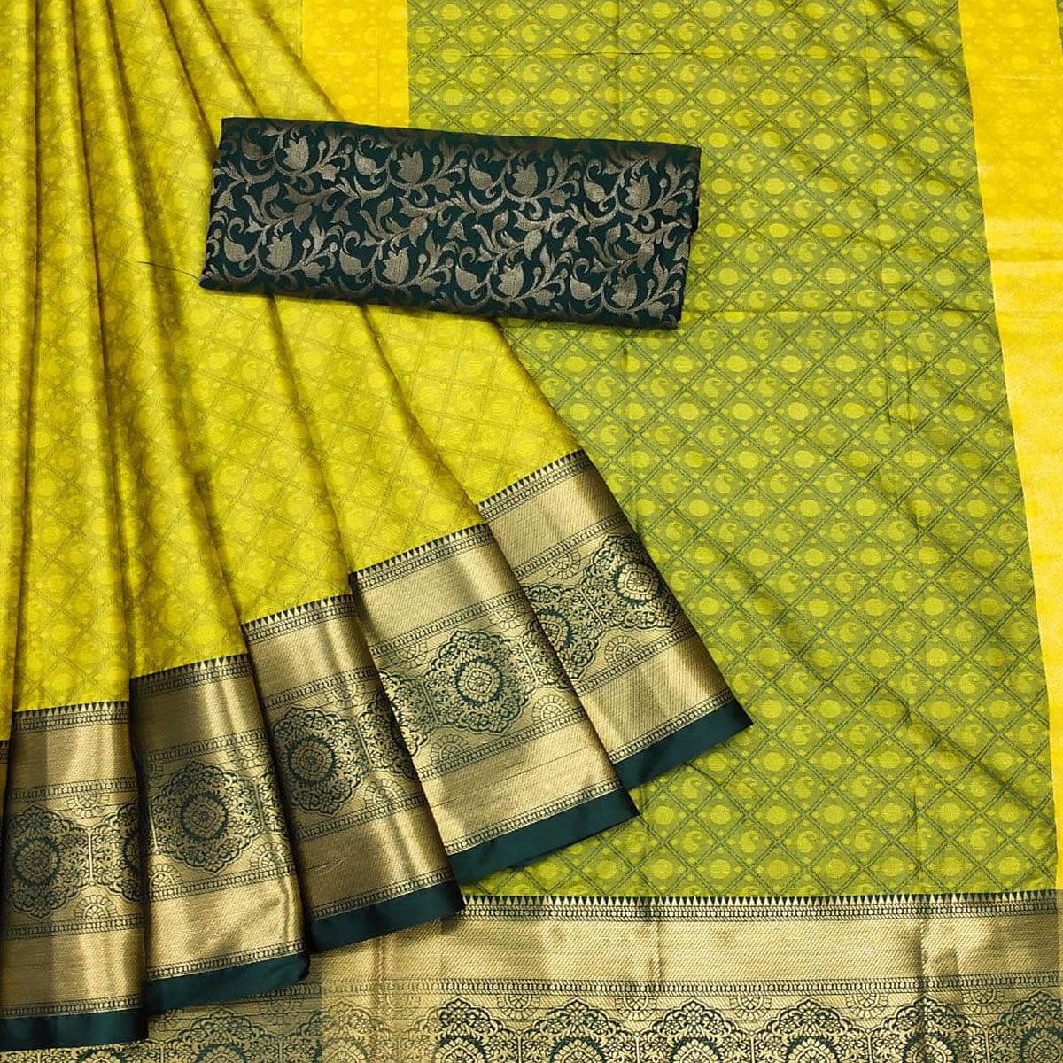 Lemon Yellow Woven Cotton Silk Saree
