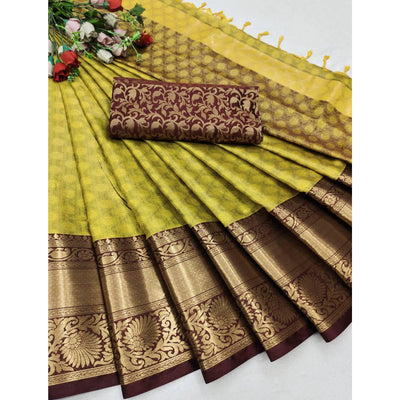 Lemon Yellow Woven Cotton Silk Saree