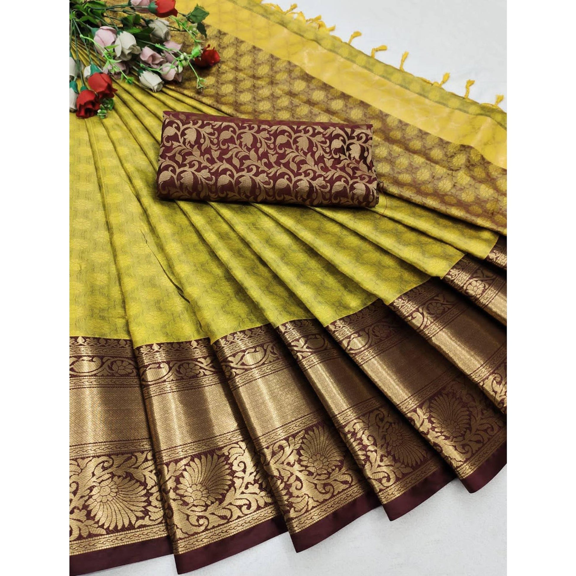 Lemon Yellow Woven Cotton Silk Saree