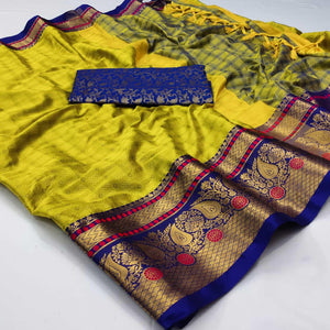 Lemon Yellow Woven Cotton Silk Saree With Tassels