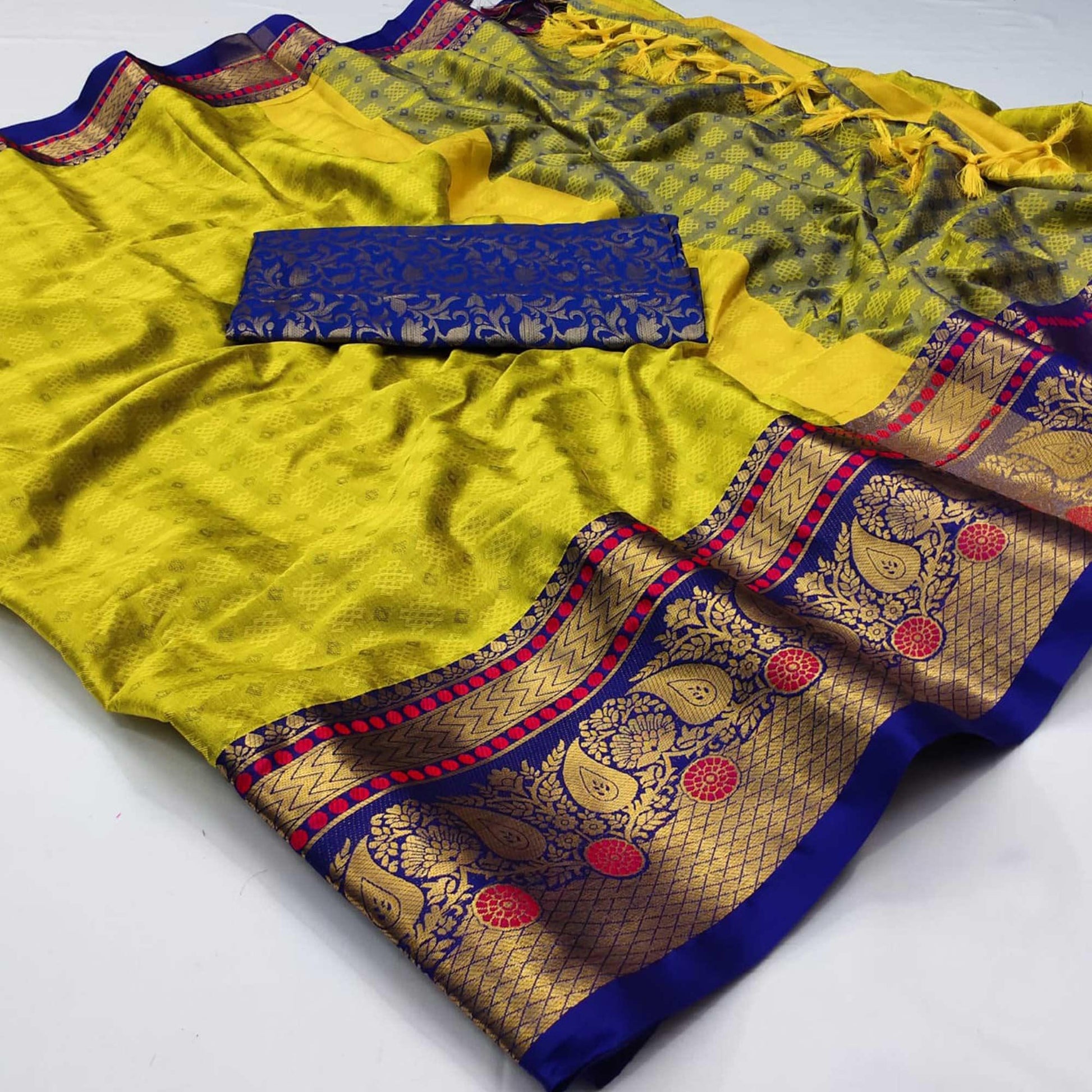 Lemon Yellow Woven Cotton Silk Saree With Tassels