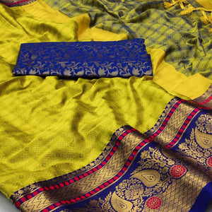 Lemon Yellow Woven Cotton Silk Saree With Tassels