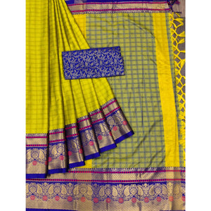 Lemon Yellow Woven Cotton Silk Saree With Tassels