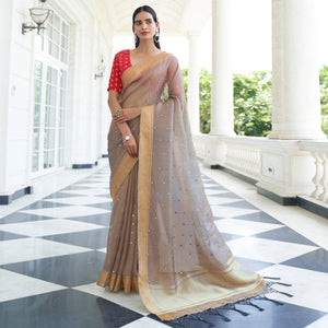 Light Beige Festive Wear Mirror Work Handloom Silk Saree