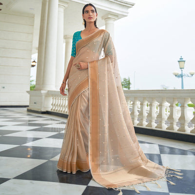 Light Beige Festive Wear Mirror Work Handloom Silk Saree