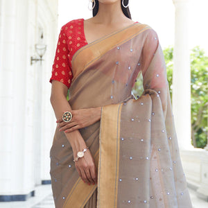 Light Beige Festive Wear Mirror Work Handloom Silk Saree