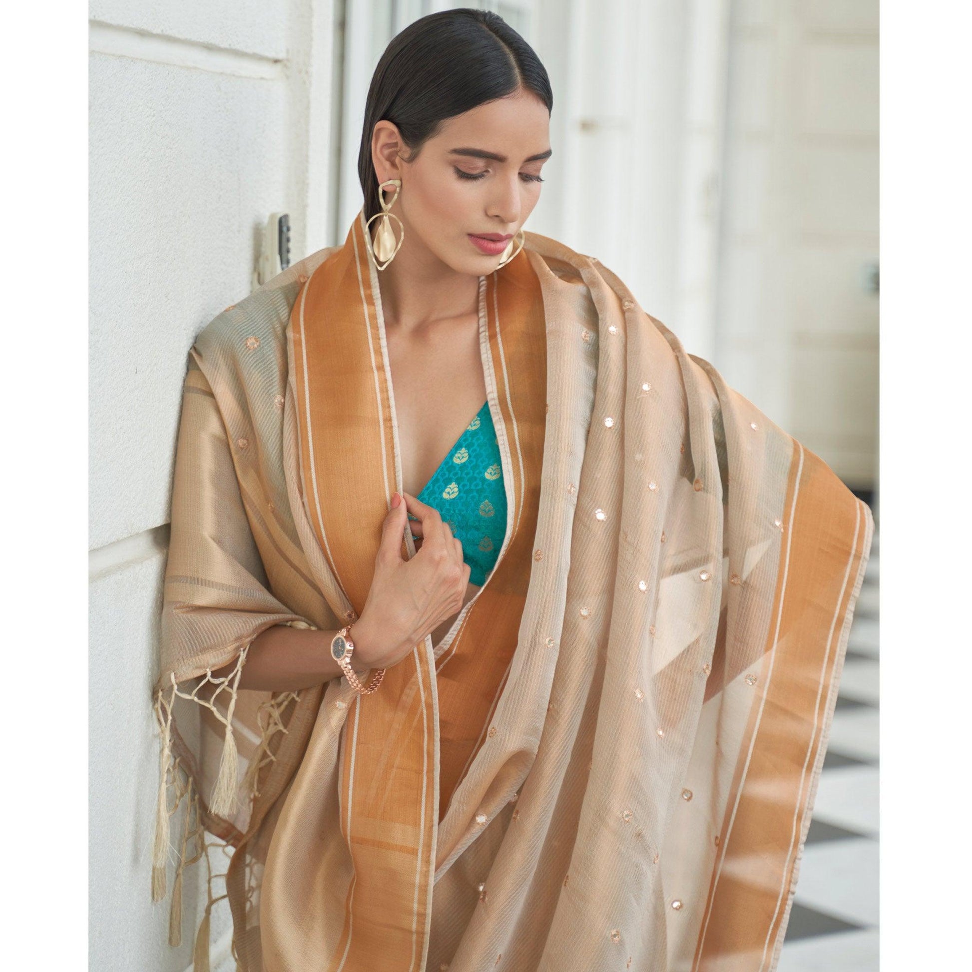 Light Beige Festive Wear Mirror Work Handloom Silk Saree