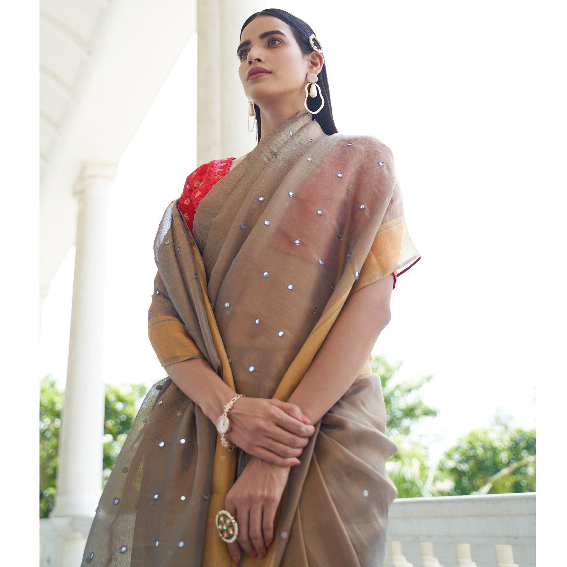 Light Beige Festive Wear Mirror Work Handloom Silk Saree