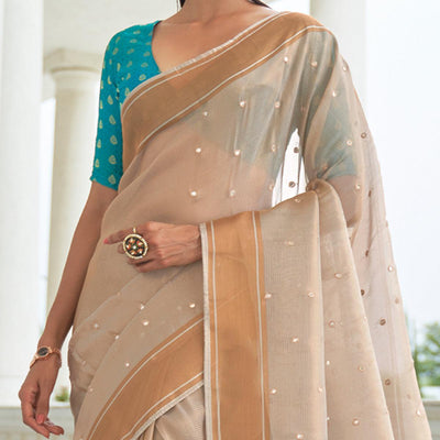 Light Beige Festive Wear Mirror Work Handloom Silk Saree