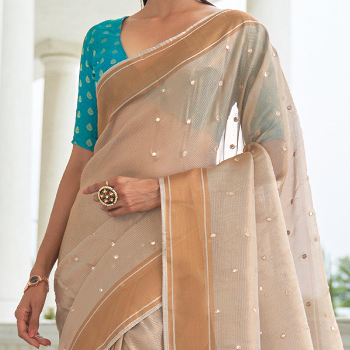 Light Beige Festive Wear Mirror Work Handloom Silk Saree