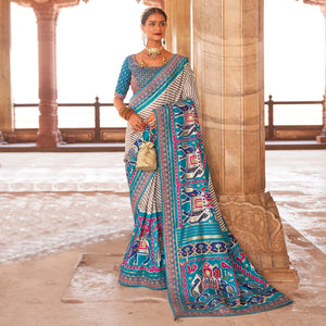 Light Blue & Off White Patola Printed-Sequins Embroidered Pure Silk Saree