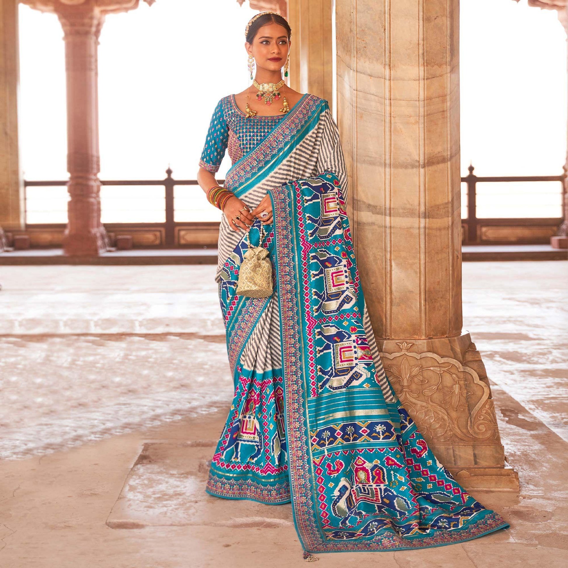 Light Blue & Off White Patola Printed-Sequins Embroidered Pure Silk Saree