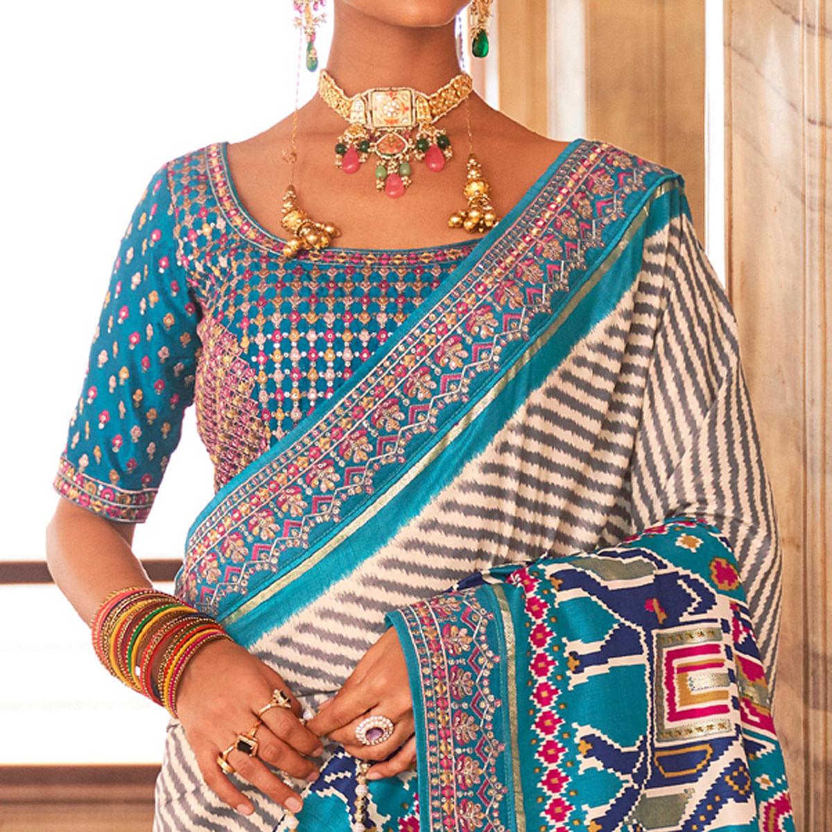 Light Blue & Off White Patola Printed-Sequins Embroidered Pure Silk Saree