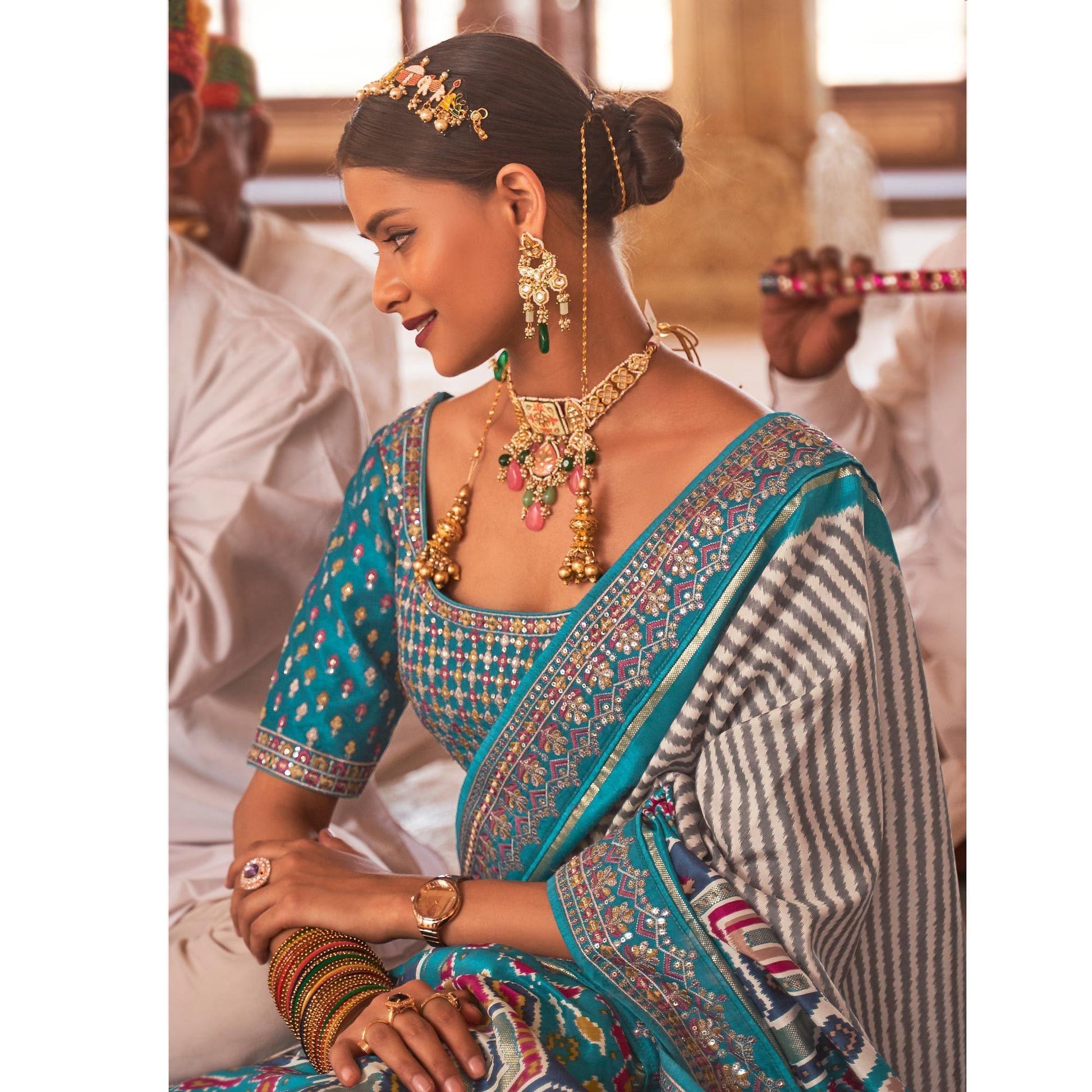 Light Blue & Off White Patola Printed-Sequins Embroidered Pure Silk Saree