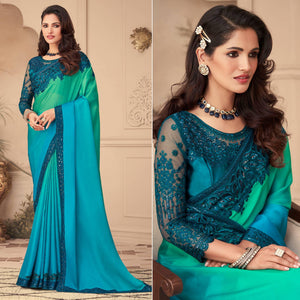 Light Blue & Pista Green Floral Sequins Embroidered Art Silk Saree