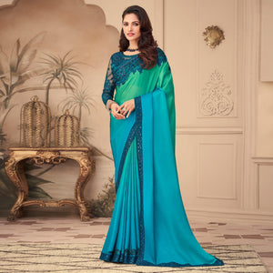 Light Blue & Pista Green Floral Sequins Embroidered Art Silk Saree