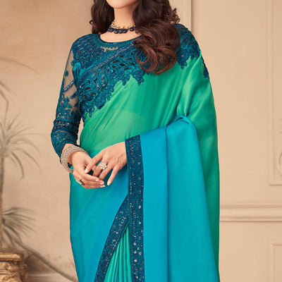 Light Blue & Pista Green Floral Sequins Embroidered Art Silk Saree