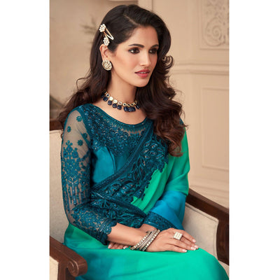 Light Blue & Pista Green Floral Sequins Embroidered Art Silk Saree