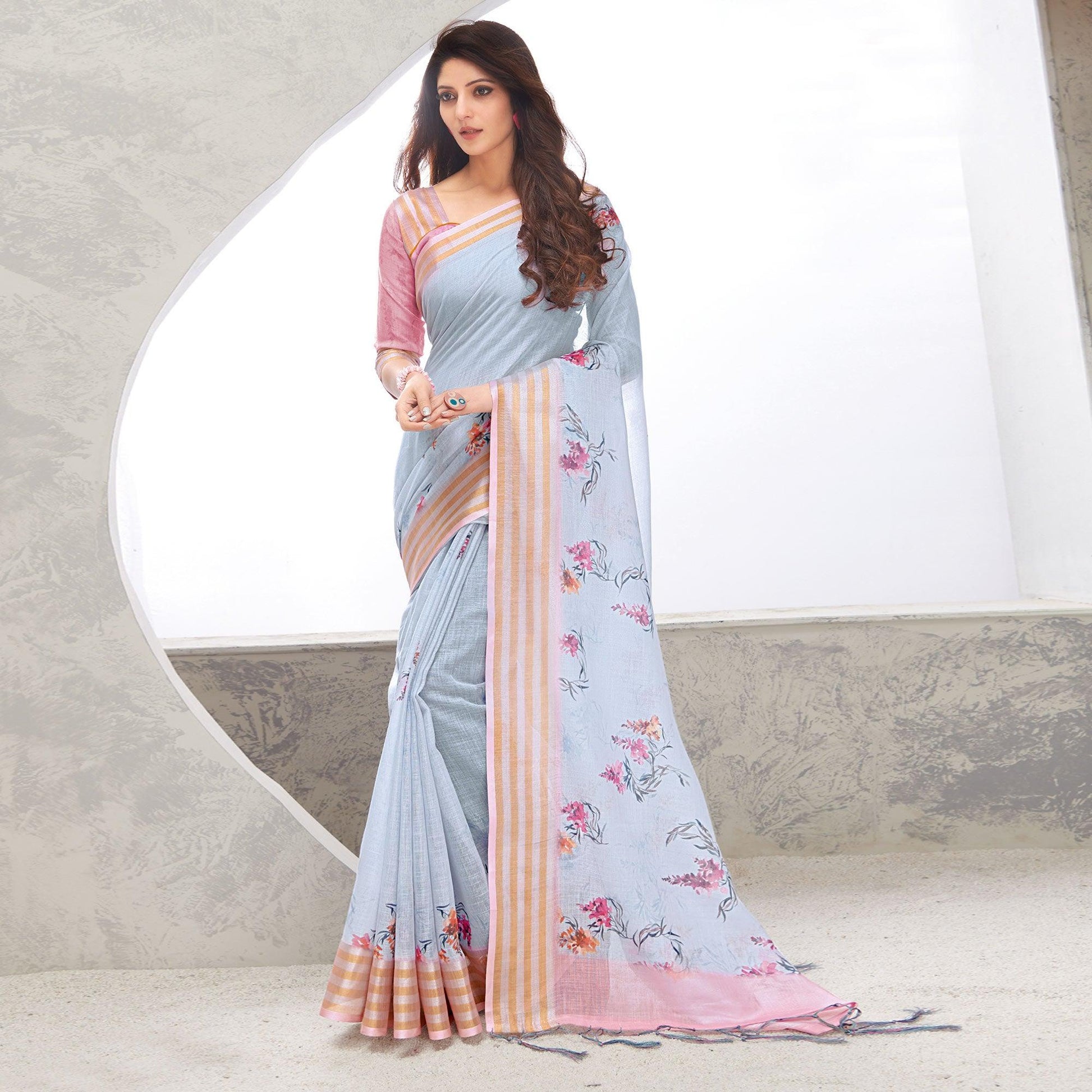 Light Blue Casual Wear Digital Printed Pure Linen Saree