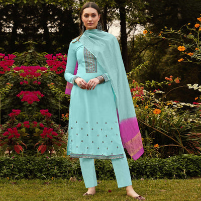Light Blue Casual Wear Embroidered Georgette Suit