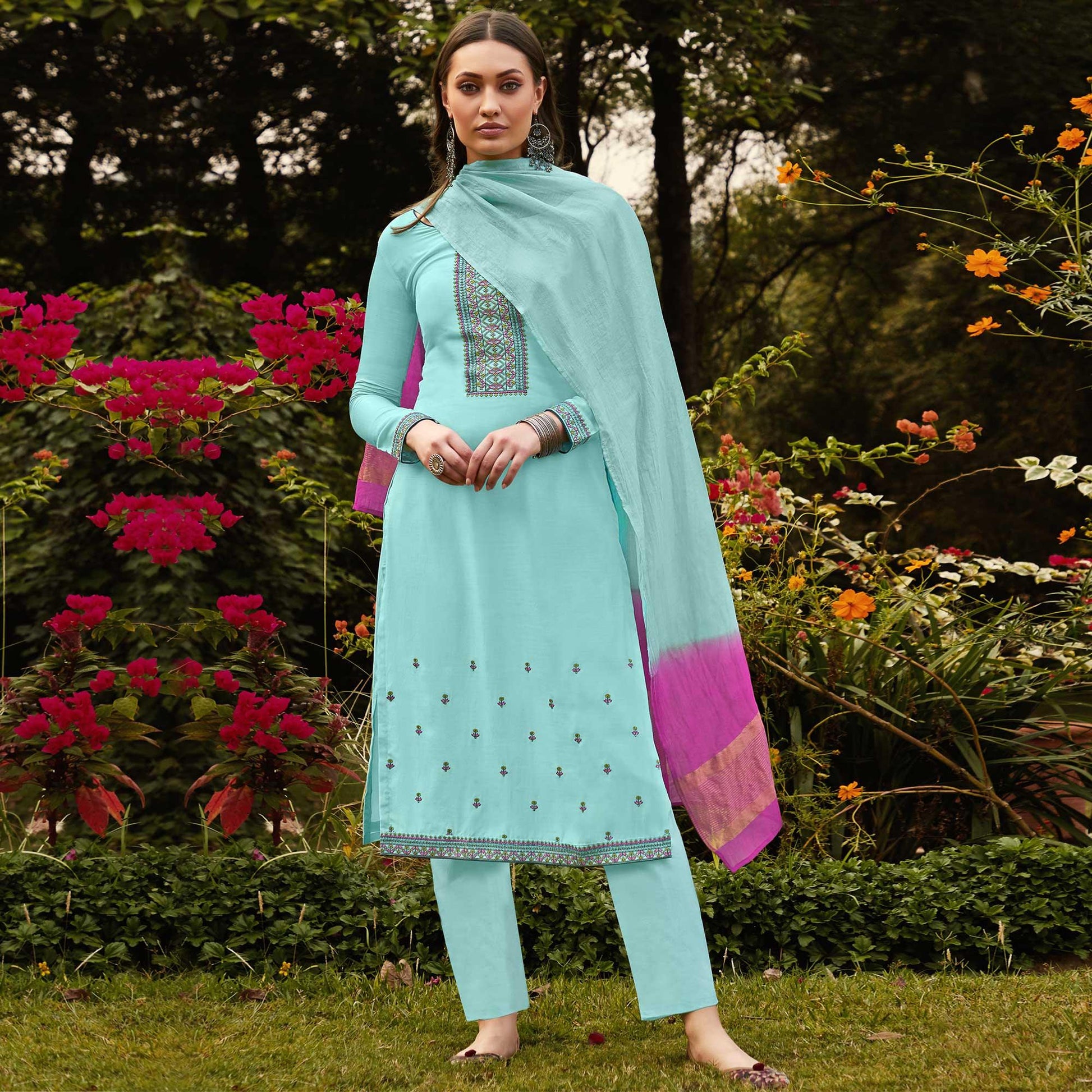 Light Blue Casual Wear Embroidered Georgette Suit
