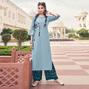 Light Blue Casual Wear Embroidered Heavy Rayon Kurti - Palazzo Set