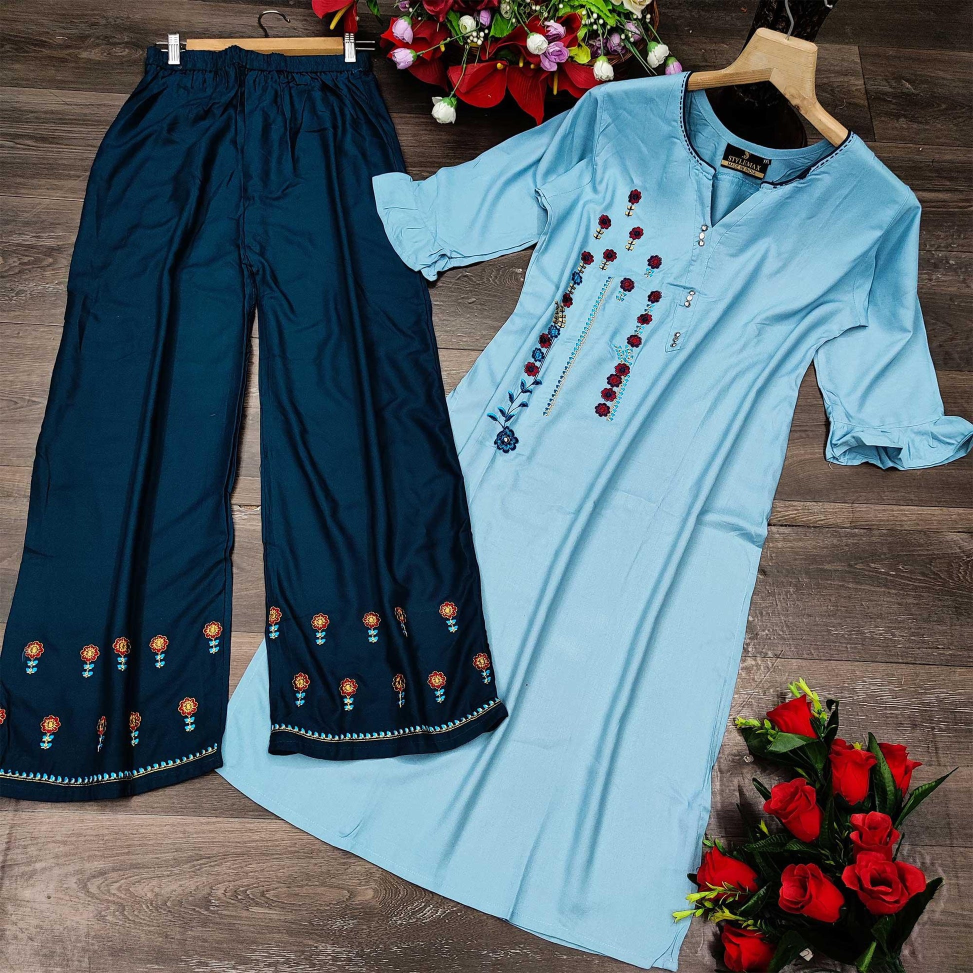 Light Blue Casual Wear Embroidered Heavy Rayon Kurti - Palazzo Set