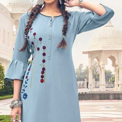Light Blue Casual Wear Embroidered Heavy Rayon Kurti - Palazzo Set