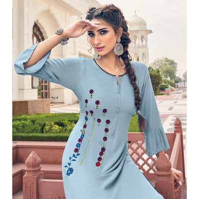 Light Blue Casual Wear Embroidered Heavy Rayon Kurti - Palazzo Set