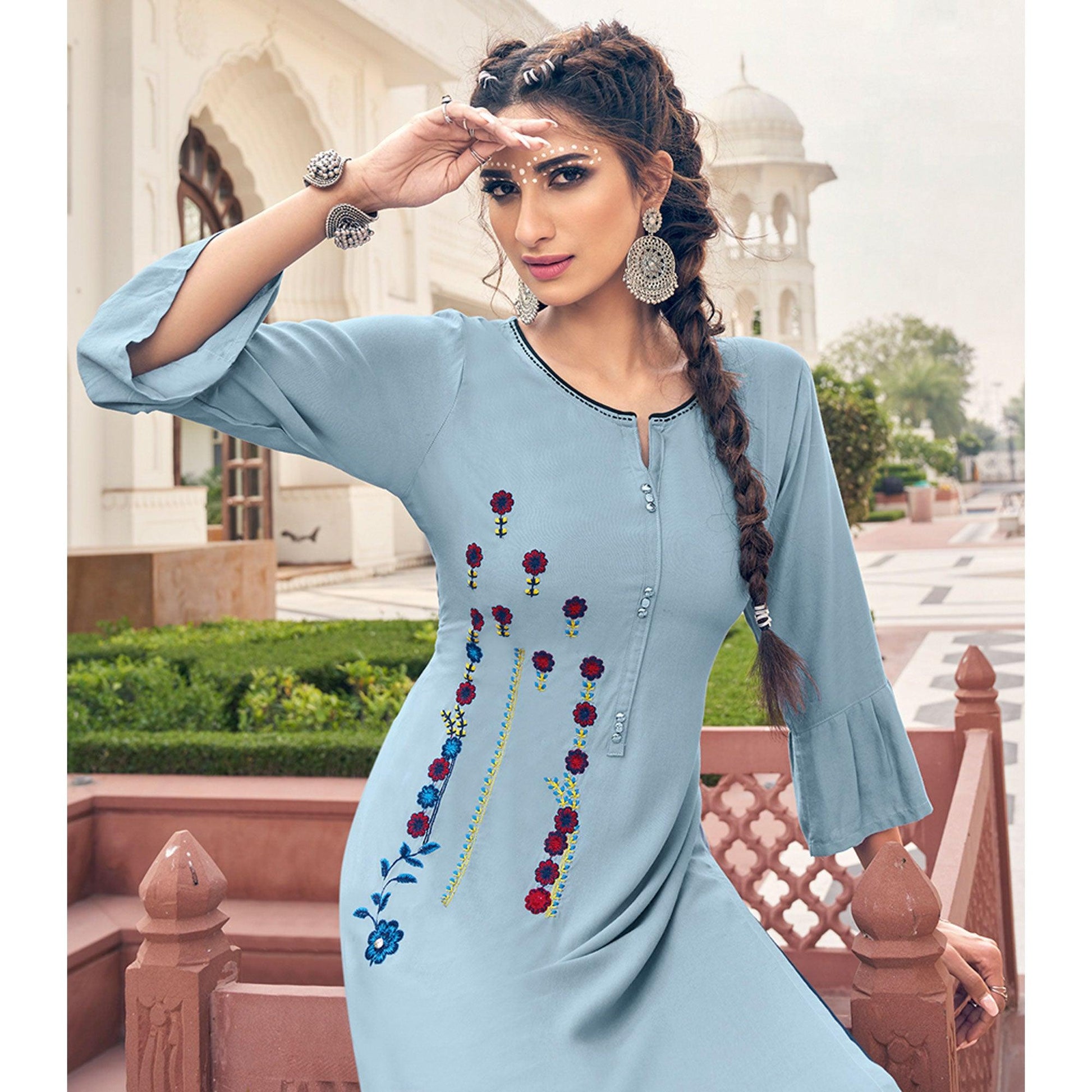 Light Blue Casual Wear Embroidered Heavy Rayon Kurti - Palazzo Set