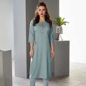 Light Blue Casual Wear Embroidered Pure Viscose Kurti