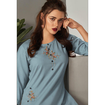 Light Blue Casual Wear Embroidered Pure Viscose Kurti