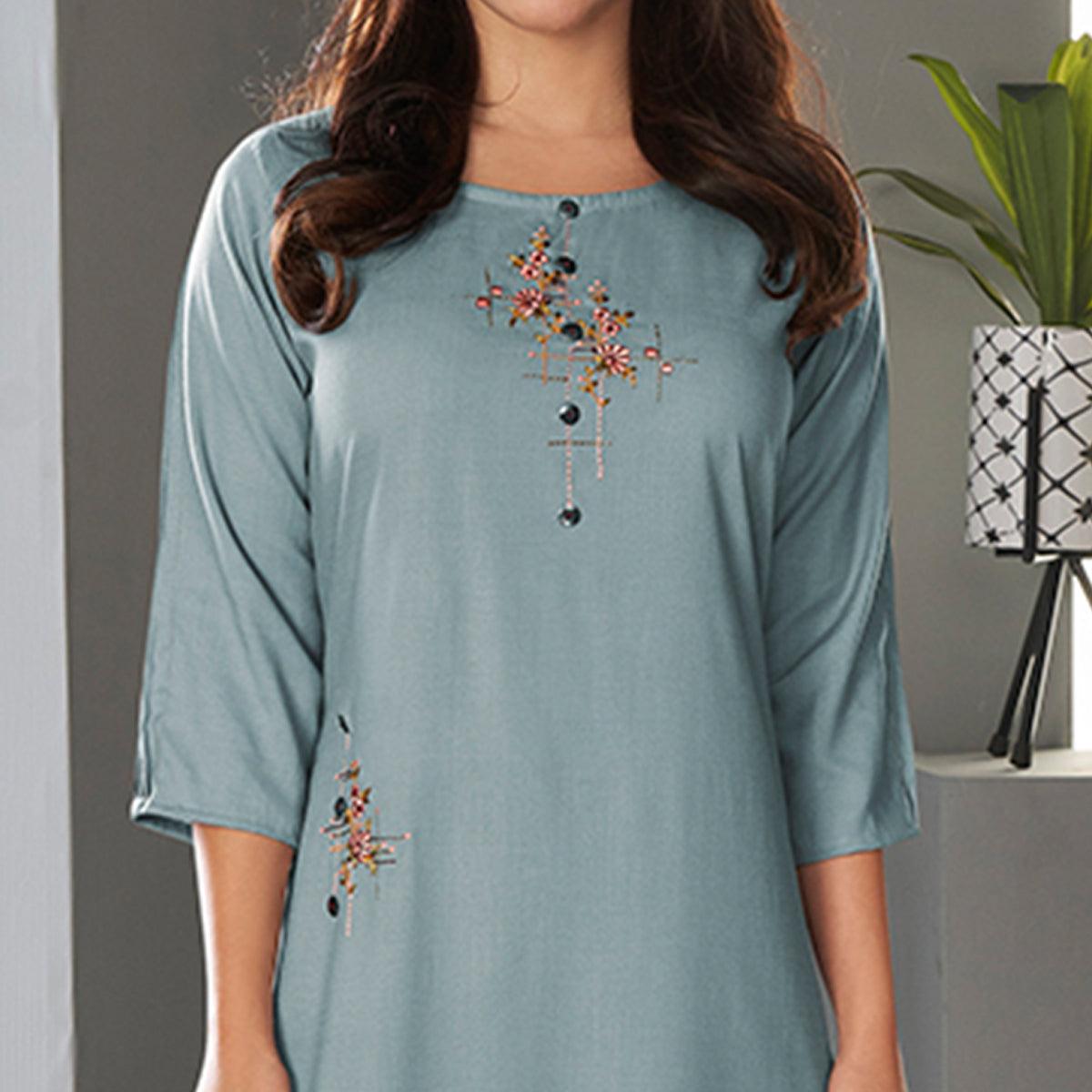 Light Blue Casual Wear Embroidered Pure Viscose Kurti