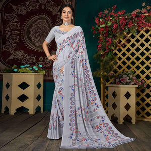 Light Blue Casual Wear Floral Digital Printed Georgette Saree