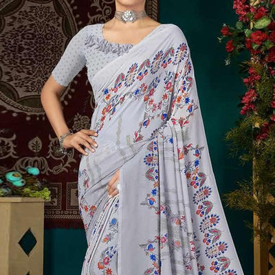 Light Blue Casual Wear Floral Digital Printed Georgette Saree