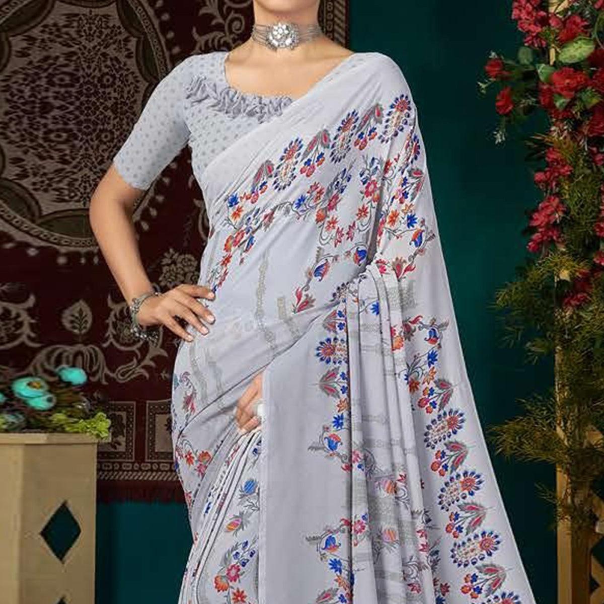 Light Blue Casual Wear Floral Digital Printed Georgette Saree
