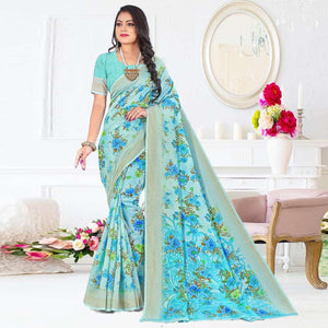 Light Blue Casual Wear Floral Digital Printed Soft Silk Saree