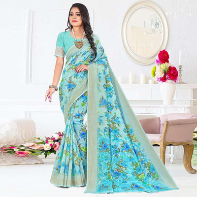 Light Blue Casual Wear Floral Digital Printed Soft Silk Saree