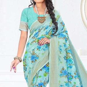 Light Blue Casual Wear Floral Digital Printed Soft Silk Saree