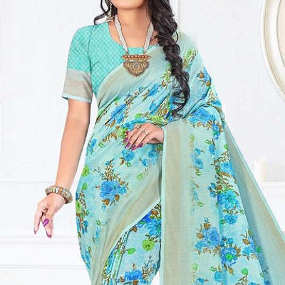 Light Blue Casual Wear Floral Digital Printed Soft Silk Saree