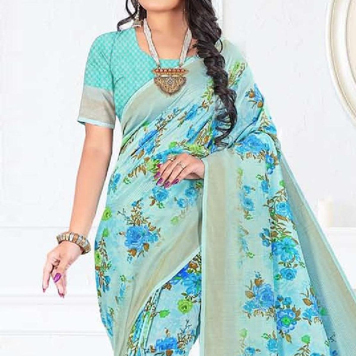 Light Blue Casual Wear Floral Digital Printed Soft Silk Saree