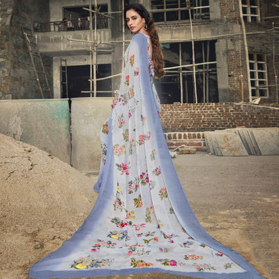 Light Blue Casual Wear Floral Printed Georgette Saree