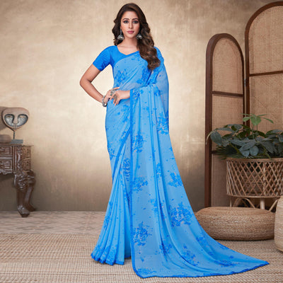 Light Blue Casual Wear Floral Printed Georgette Saree
