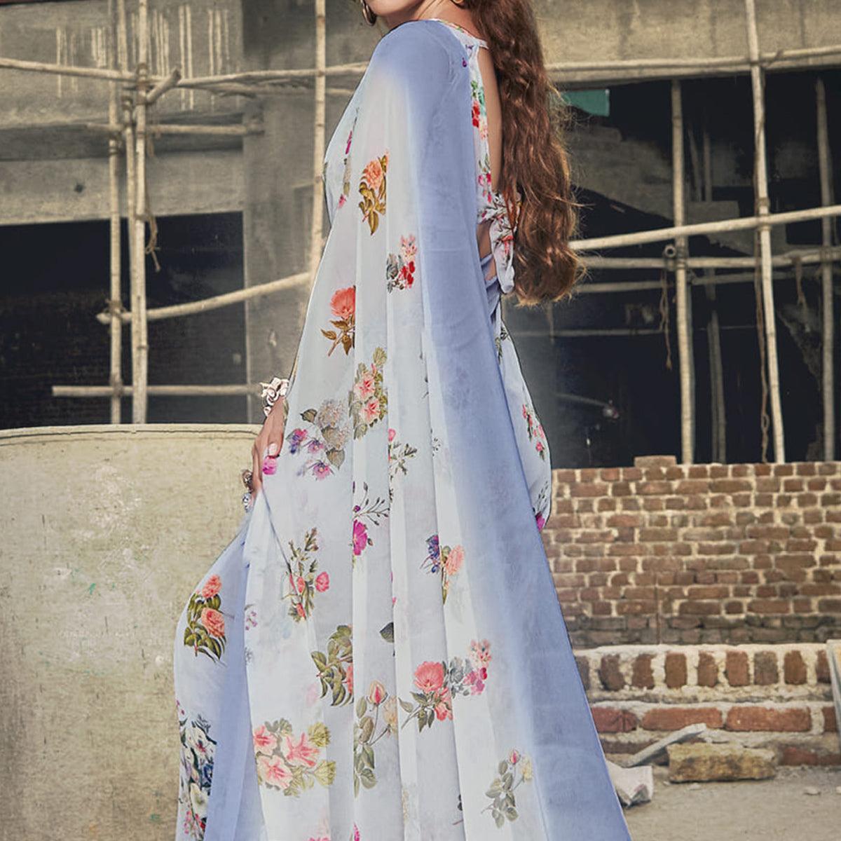 Light Blue Casual Wear Floral Printed Georgette Saree